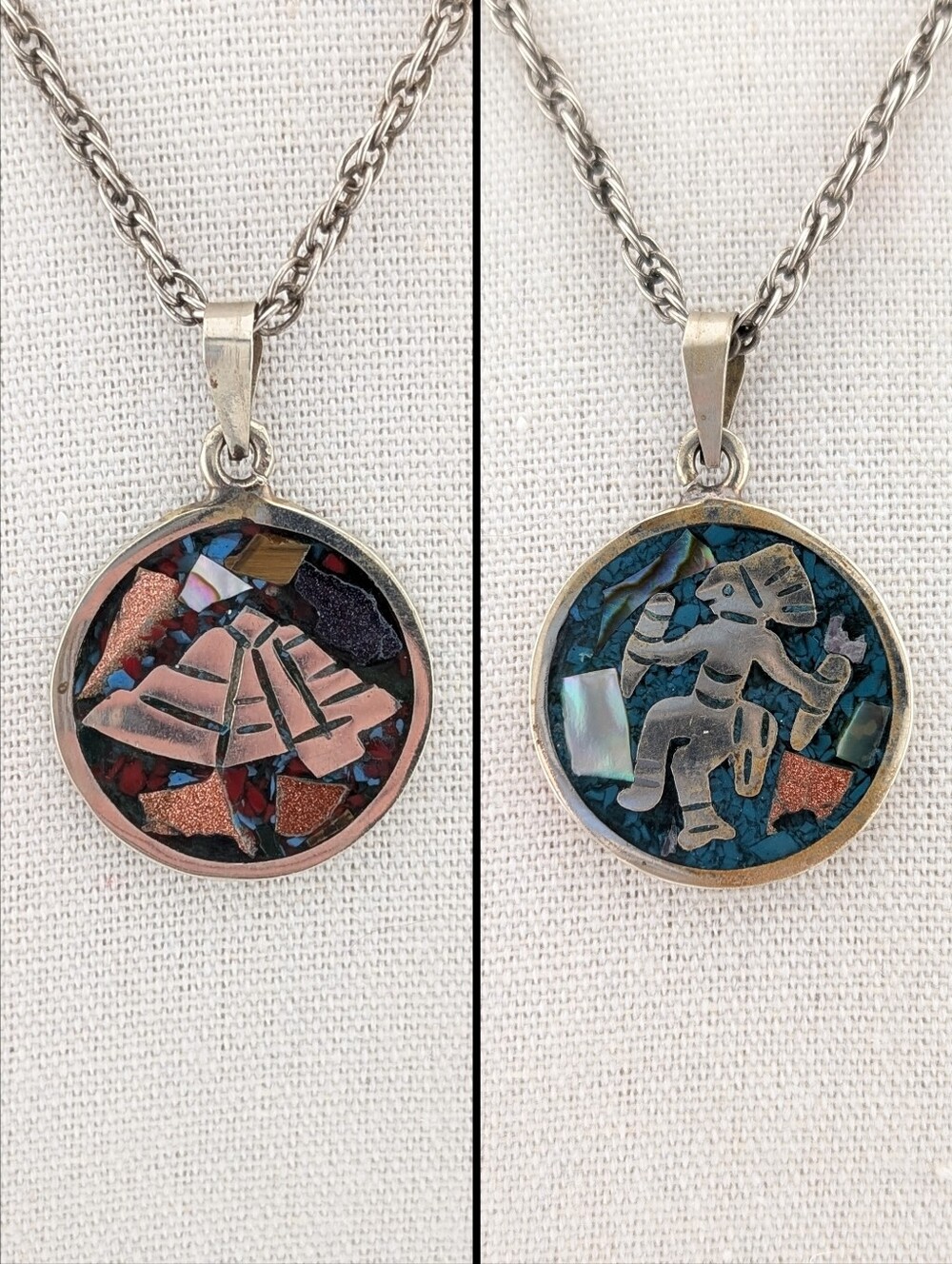 Vintage Mexican Silver Mosaic Inlay Aztec Warrior & Pyramid Pendant Necklace